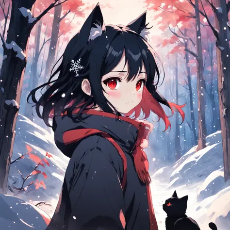 In the winter forest, snowflakes falling, A cat-eared girl with jet-black hair, Red eyes,