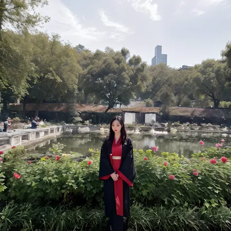 arafed woman standing in front of a pond with flowers, wearing an academic gown, with a park in the background, taken in 2 0 2 0, graduation photo, cover photo portrait of du juan, park in background, standing in a botanical garden, with a city in the back...