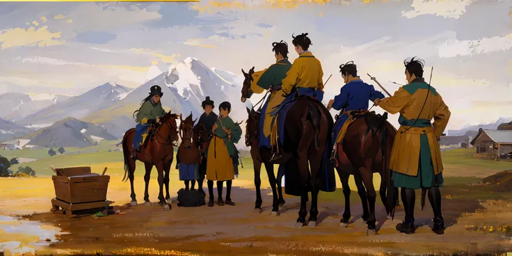 Painting of a group of people standing on a hill on horseback, author：Chen Jiru, Inspired by Giovanni Battista Tiboro, author：Zou Yigui, author：Liang Kai, krenz cushart and wenjun lin, author：ruanjia, author：Han Gan, author：Alexander Mann, author：Zhang Xua...