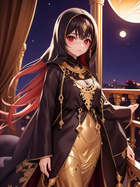 Darkness, Arab girl, long abaya, gold jewelry, red eyes, on a balcony under the moonlight