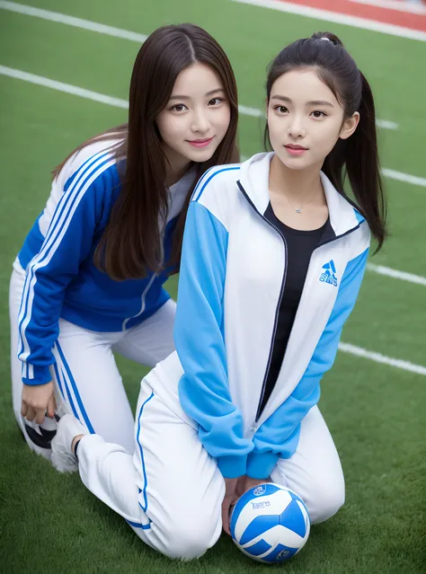 1 very beautiful female middle school student，wear blue and white tracksuits，kneel on the football field and play with the ball，...