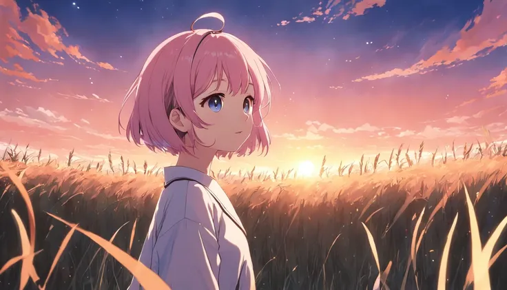 ​masterpiece、top-quality、Movie stills、1girl、animesque、pink there　Shorthair、singers、illustratio、Neat and clean clothes、microphone、headphones、kawaii、large grassland、the setting sun（Spark：0.7）