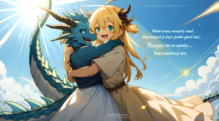 highres, top quality, best quality, paid reward available, High-quality illustrations, unparalleled masterpiece, under refreshing blue sky, absurdres, height difference, large Dragon, smile, hugs girl((movie of a Dragon and human child girl))girl hugs drag...