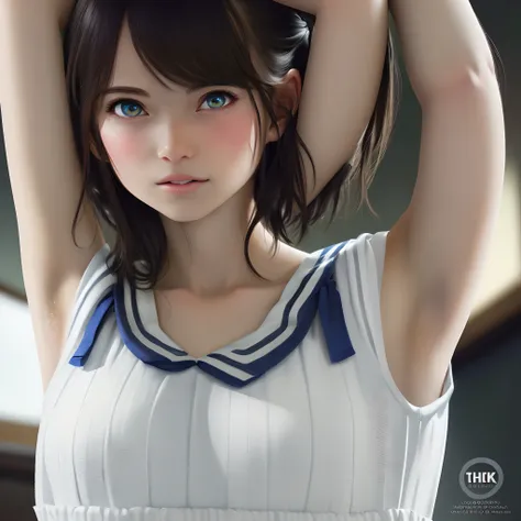 (Hyper Real), (illustration), (High definition), (8K), (High definition), (Best Illustration), (Beautiful detailed eyes), (Best quality), (Super detail), (tmasterpiece), (the wallpaper), (Detailed face),Sweaty,up of the upper body,Armpits,Short hair,White ...