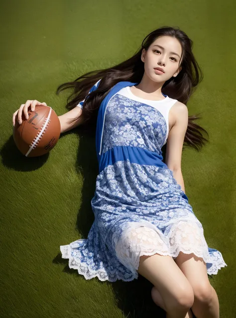 1 very beautiful female middle school student，wear a floral lace dress，lying on the football field and playing with the ball，（li...