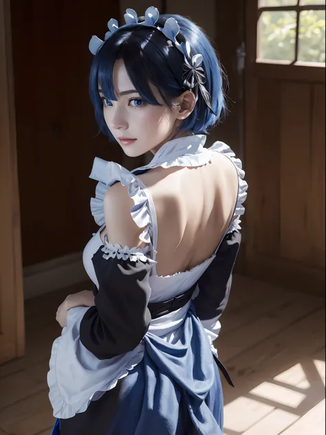 (masterpiece, best quality:1.4), (full body:1.2), (from behind:1.5), on a beautifull and rich mansion, 1girl, solo, rem_re_zero, blue hair, (blue hair:0.5), short hair, maid uniform, (black maid uniform:1.5), hair ornament, cleavage, maid headdress, detach...