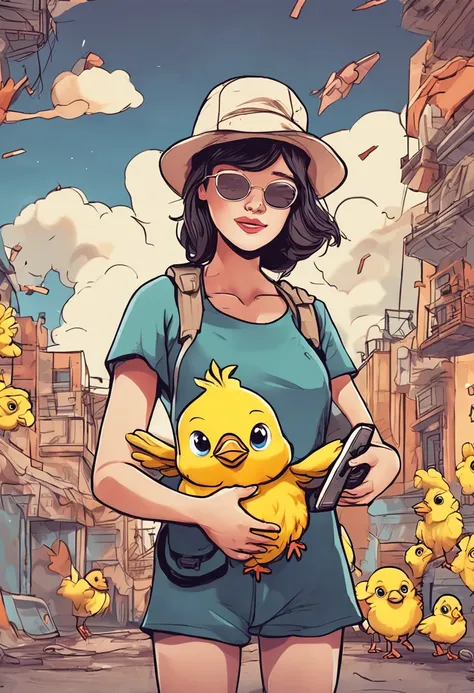 Heroic woman holding a little yellow chicken in her arms Holding a camera There is a handsome drone in the sky Anime style