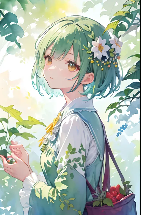 ((super detailed), #3b4195背景, beautiful flowers, berries, ferns, leaves, watercolor pattern of calming colors), (watercolor texture), ((1 girl), short hair, cute,