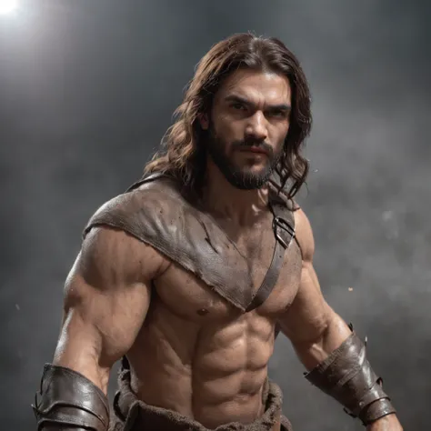 (Professional 3D rendering:1.3) de (Realistic:1.3) Foto de arte mais bonita do mundo，Features soft, bright male heroes, ((Epic hero fantasy rough muscular man wet hero angry look long hair short beard and fierce expression in dynamic pose, fantastic locati...