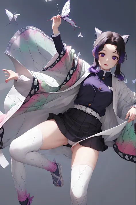 ​masterpiece, top-quality, Hi-Res, 1girl in, 独奏, kochou shinobu, butterfly hair ornament, a purple eye, O cabelo multicolorido, shorth hair, partedbangs, Black skirt, Skirt blown by the wind，Black jacket, long-sleeve, a belt　are flying，Fly in the night sky...