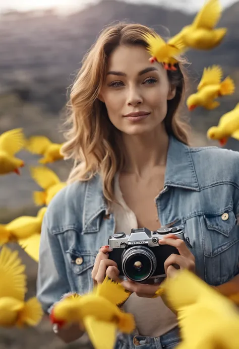 Handsome woman holding camera to take pictures with flying yellow chicks and handsome drones behind her