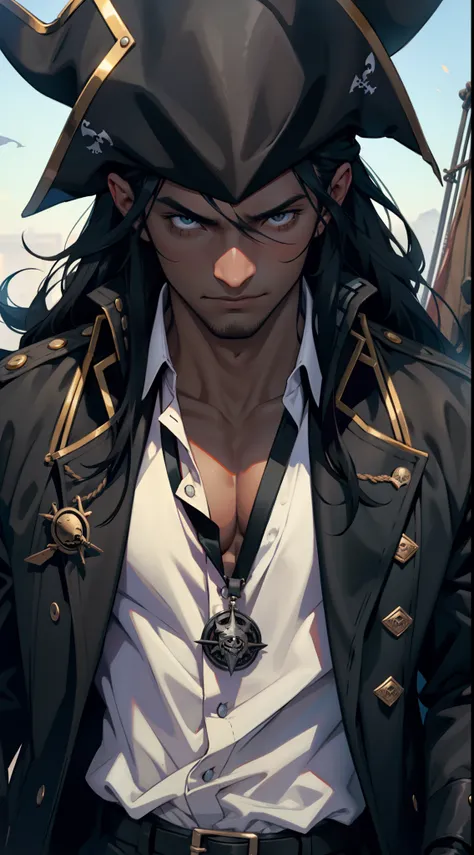 a guy with long black hair, black skinned, wearing a black overcoat, pirate