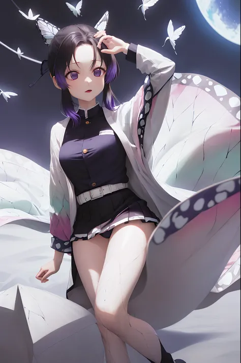 ​masterpiece, top-quality, Hi-Res, 1girl in, 独奏, kochou shinobu, butterfly hair ornament, a purple eye, O cabelo multicolorido, shorth hair, partedbangs, Black skirt,，Black jacket, long-sleeve, a belt　are flying，Fly in the night sky，Open your legs back and...