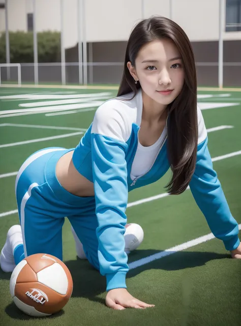 1 very beautiful female middle school student，wear blue and white tracksuits，kneel on the football field and play with the ball，...