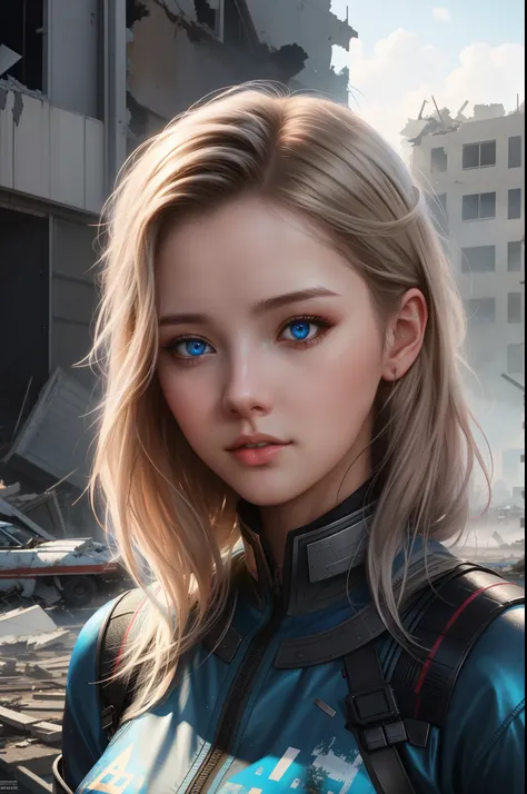 a girl 18y with blue eyes standing in front of a destroyed building, wojtek fus, ig model | artgerm, alexandra fomina artstation, 🤤 girl portrait, extremely detailed artgerm, rossdraws 1. 0, rossdraws portrait, ross tran 8 k, fanart best artstation, devian...