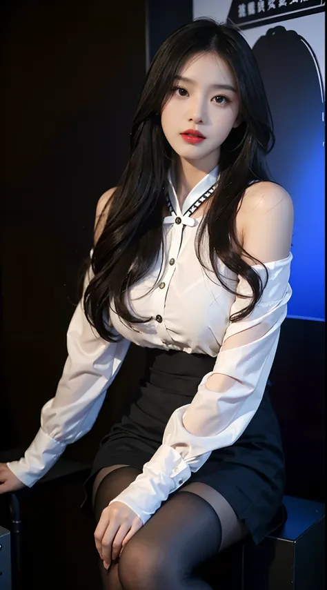 A perfect young female white-collar worker，Chinese big breasts，High picture quality，Works of masters，Black hair，Long hair shawl，Long hair flowing over the shoulders，Beach wave hairstyle，cropped shoulders，鎖骨，exquisite face，Hydrated red lips，（（Blue wonderlan...