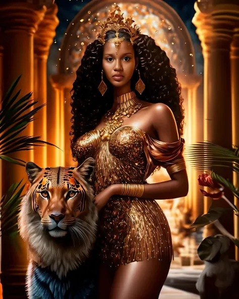 uma mulher em um vestido dourado ao lado de um tigre, Princesa africana deslumbrante, Princesa negra africana, pele escura deusa feminina do amor, gorgeous goddess of leo, Rainha africana, Princesa Africana, Um retrato impressionante de uma deusa, Deusa Ra...