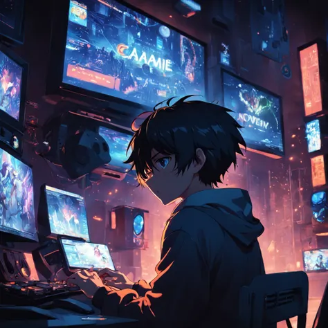 masterpiece, best quality, movie still, 1boy, playing in the computer, dark clohtes, game art, close-up, bright, at night