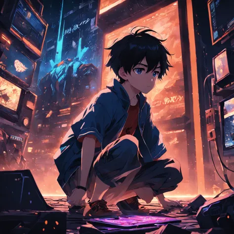 masterpiece, best quality, movie still, 1boy, playing in the computer, dark clohtes, game art, close-up, bright, at night