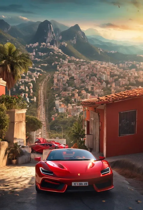 (Best quality, 8k, Masterpiece :1.2), hyper realistic, city of Rio de Janeiro Brazil, at a mountain, an detailed red Ferrari 488, Redeemer Christ in the background, a beautiful brown hair girl in sport clothes looking at landscape, sunny day, summer