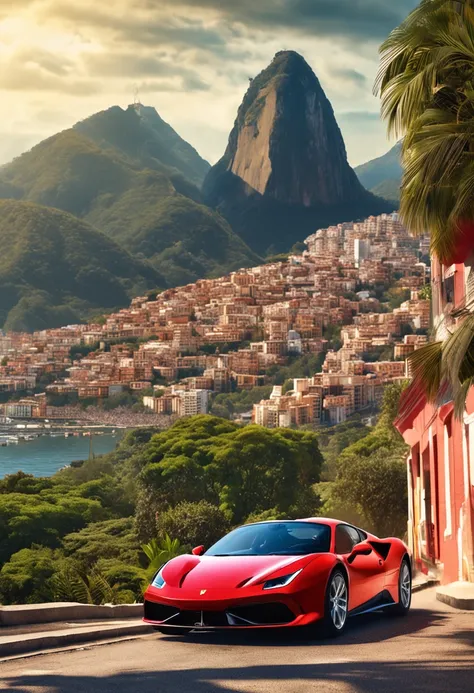 (Best quality, 8k, Masterpiece :1.2), hyper realistic, city of Rio de Janeiro Brazil, at a mountain, an detailed red Ferrari 488, Redeemer Christ in the background, a beautiful brown hair girl in sport clothes looking at landscape, sunny day, summer