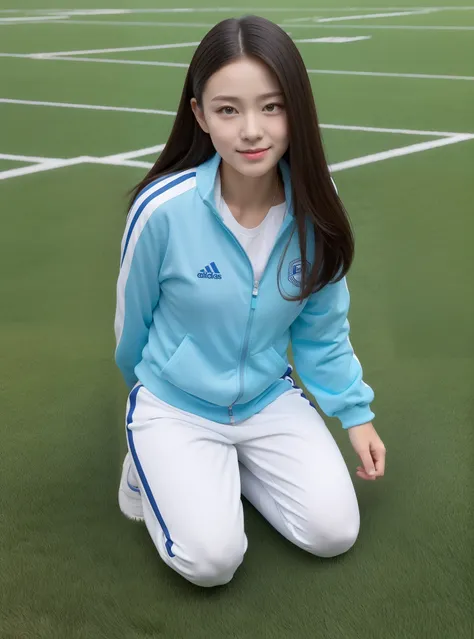 1 very beautiful female middle school student，Wear blue and white tracksuits，Kneel on the football field and play with the ball，（Kneel on the grass:1.2），Super high value，perfect body figure，beautiful hairl，Delicate hair，Fair face and skin，Beads of sweat ha...