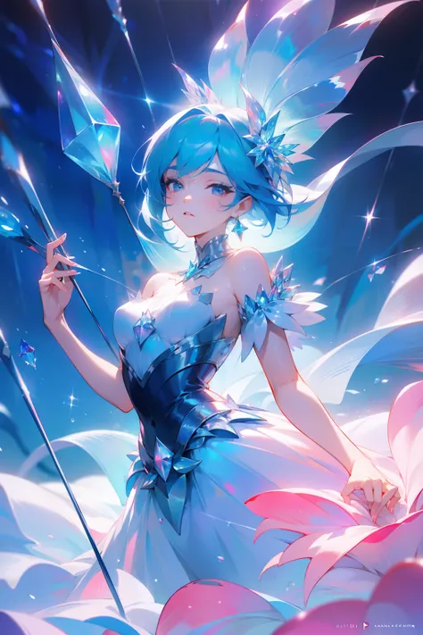 (((ruit)))，crystal，A woman of outstanding figure，Wear a beautiful princess dress，Leaking out of both shoulders，jewely，high definition detail，Amazing work，Vitreous luster,((clean backdrop))，High gloss，blue colors，In pink，cyan colors，red colour