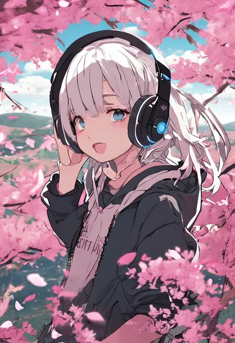 ​masterpiece、top-quality、Movie stills、1girl、animesque、pink there　Shorthair、singers、illustratio、Black hoodie、microphone、headphones、kawaii、large grassland、blue-sky