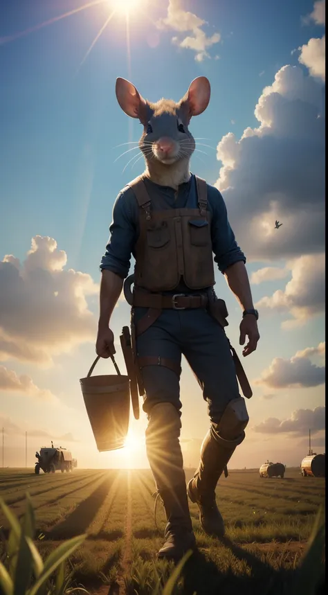 farmer, rat-face, working on the field, under the sun, sunshine, full body, Animal Anthropomorphism, realistic digital, humanoid, abstract background, global illumination, intricate, epic, dramatic, masterpiece, high detail, best quality, ultra high res