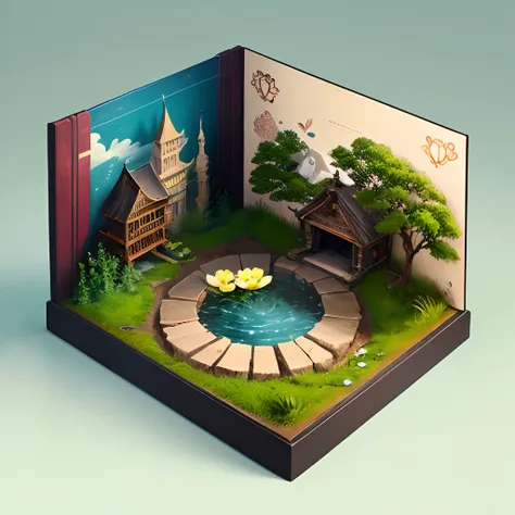 2d game background，Small shallow pool，snail，Lotus leaf，depth of fields，hand painted style，planar，popup book