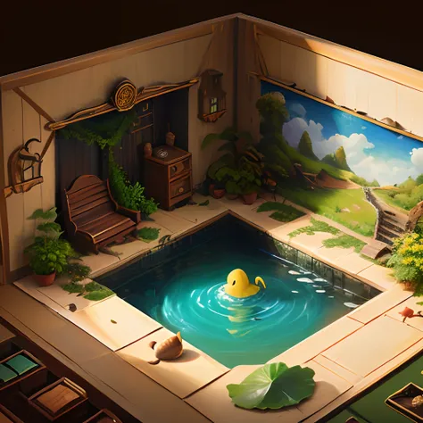 2d game background，Small shallow pool，snail，Lotus leaf，depth of fields，hand painted style，planar，popup book