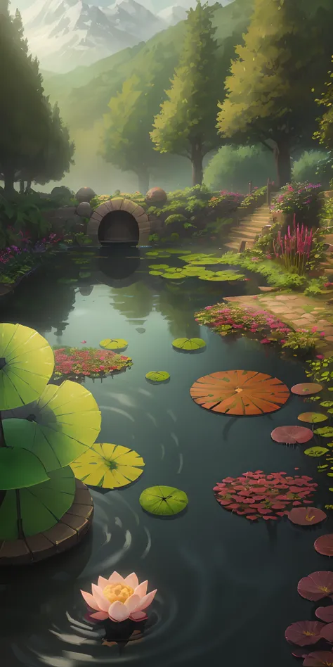 2d game background，Small shallow pool，snail，Lotus leaf，depth of fields，hand painted style，planar，popup book