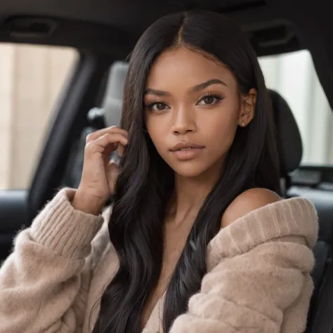 8K RAW photo, high resolution, 21 year old cool araffe woman with long black hair sitting in a car, portrait, rihanna, lori harvey, gorgeous black woman, headshot profile picture, natural straight eyebrows, light skin, gorgeous beautiful woman, flawless fa...