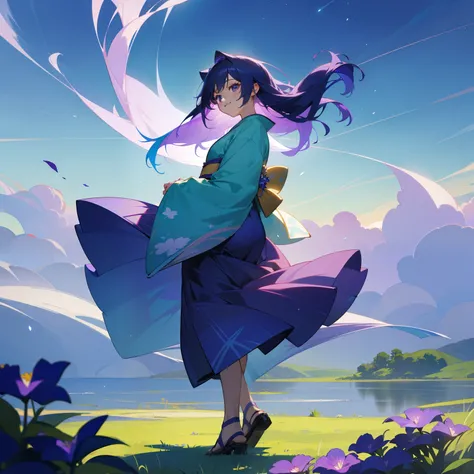 In the beautiful scenery of green earth and blue sky、One girl standing、Her hair is in a gradient of purple and blue、It glitters like a shining star in the night sky、Her kimono is colorful and、Each color is harmoniously beautiful、
At the foot、Pale purple vi...