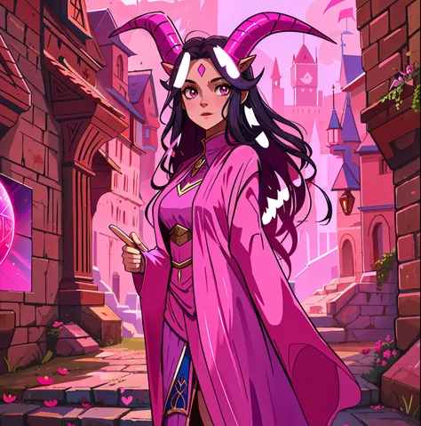 A beautiful pink-skinned woman pink as a pink-skinned devil with long black hair that goes all the way to the ground Make her like a sorceress in a setting full of magic and mystery A character for medieval RPG she must be wearing medieval robes covering h...