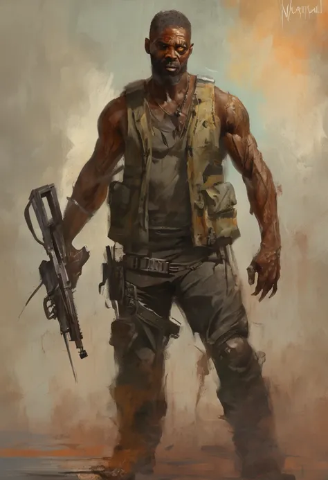 Create an image of a character named Law with the following details:

- Appearance: Law is a remarkable figure in a post-apocalyptic world overrun by zombies. He exudes strength and determination.
- Gender: Male
- Skin Tone: Dark complexion
- Prosthetic Ar...