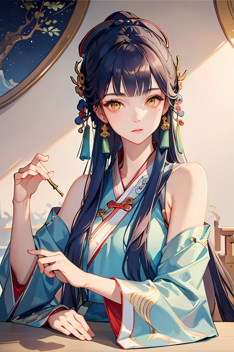 Masterpiece, Professional lighting, photon maping, Radio City, Physically-based rendering,1girll, full bodyesbian,absurderes, A high resolution, skylines, Beautiful detailed sky, Covered ,(Hanfu, Ming style),Yellow eyes,barechested