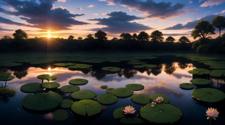 the setting sun，evening light，Large area of sunset sky，The cloud is transparent，A pond full of lotus flowers，The lotus is a realistic shot，High- sharpness，SLR Camera Shooting