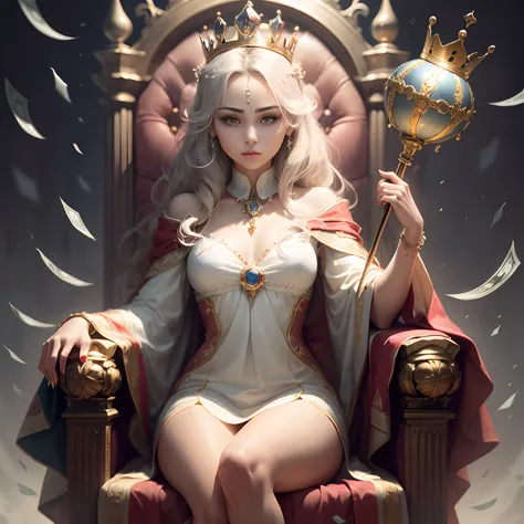 Money, crown, beautiful, Beautiful girl with a crown, sitting on the throne, having a lot of money, holding a staff