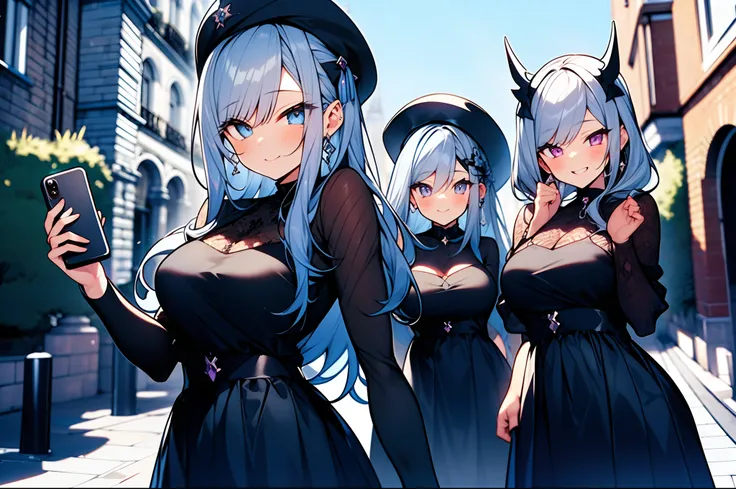 (obra maestra) (La mejor calidad) A selfie of several gothic-looking kawaii women on a London street. are young, alegre y me encanta hacer bromas en las fotos.