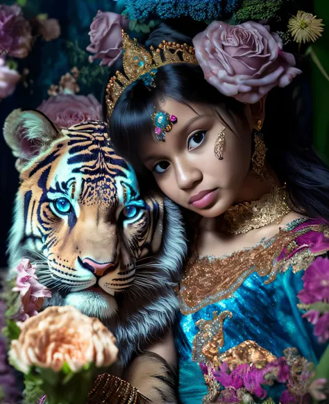 mulher arafed em um vestido azul segurando um tigre, beautiful animal pearl queen, Directed by: Natasha Tan, tigre sagrado, retrato da princesa, Princesa persa, with magical creatures, beautiful portrait, fantasy photoshoot, retrato da fantasia, foto de pe...