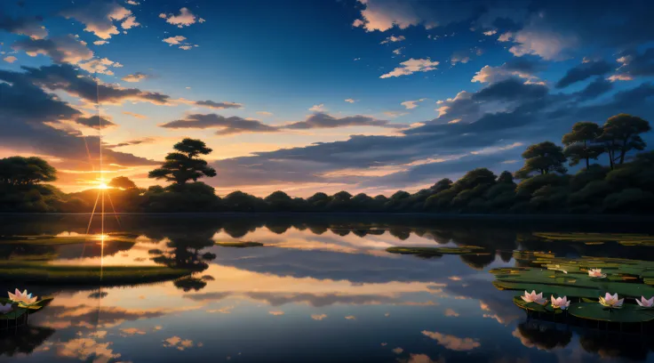 Pujihei Scenic Area，the setting sun，evening light，Large area of sunset sky，The cloud is transparent，A pond full of lotus flowers，The lotus is a realistic shot，High- sharpness，SLR Camera Shooting