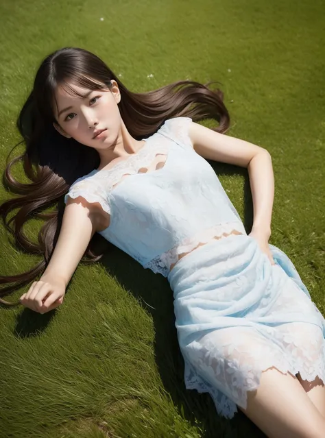 1 very beautiful female middle school student，wear a cropped floral lace dress，lying on the football field and playing with the ...