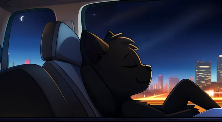 Furry mascot，Lovely image，A black cat，No clothes， Cute little animals fluffy，Black furry fur furry fur，Cute little animals，Fluffy tail，In the back seat，Sitting alone in the car，Reclining in a chair，View from the car window，On the city highway，full of light...