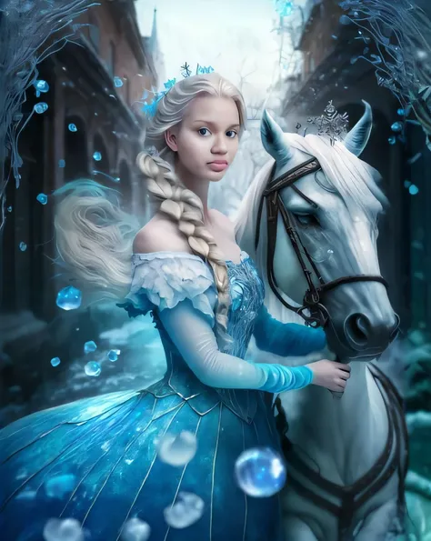 um close up de uma mulher em um vestido azul com um cavalo, Emma Watson como a Rainha do Gelo, Elsa bonita, Princesa do gelo, bela arte de fantasia, arte de fantasia muito bonita, Rainha do gelo e da tempestade, retrato bonito da arte da fantasia, fantasy ...