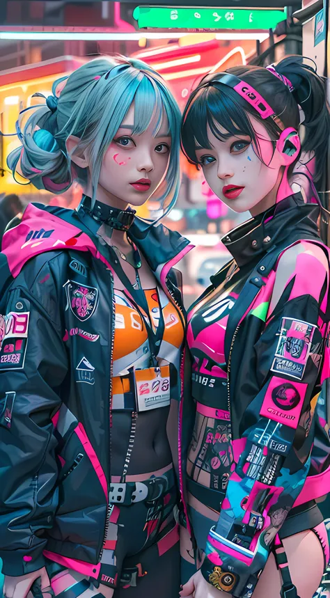 masterpiece, best quality, 2 confident cyberpunk girls holding hands, Harajuku-inspired outfit, bold colors and patterns, eye-catching accessories, trendy and innovative hairstyle, vibrant makeup, Cyberpunk dazzling cityscape, skyscrapers, neon signs, LED ...