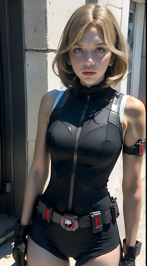 Mulher bonita cabelo branco longo, corpo definido seios grandes, (((vestindo cosplay de black widow)))