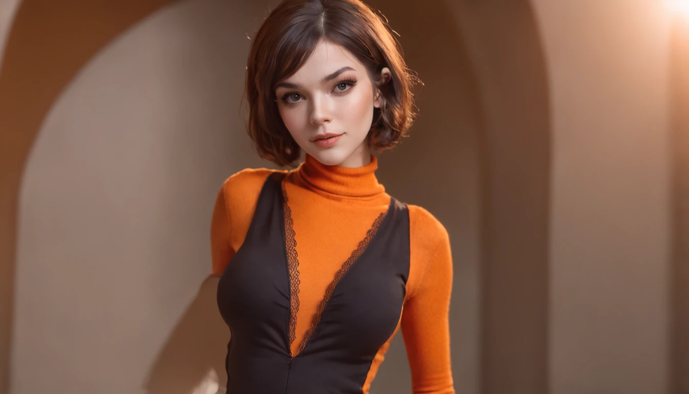 Hyper detailed ((Velma Dinkley)), stunningly gorgeous young woman, sexy, nerdy, glasses, short hair in a bob, hourglass figure, (tight orange turtleneck), (braless), ((show through)), ((aroused)), full body, (stockings with garters), dynamic pose, flirty e...