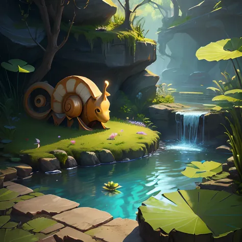 2d game background，Small shallow pool，snail，Lotus leaf，depth of fields，hand painted style，planar，popup book,unreal engine