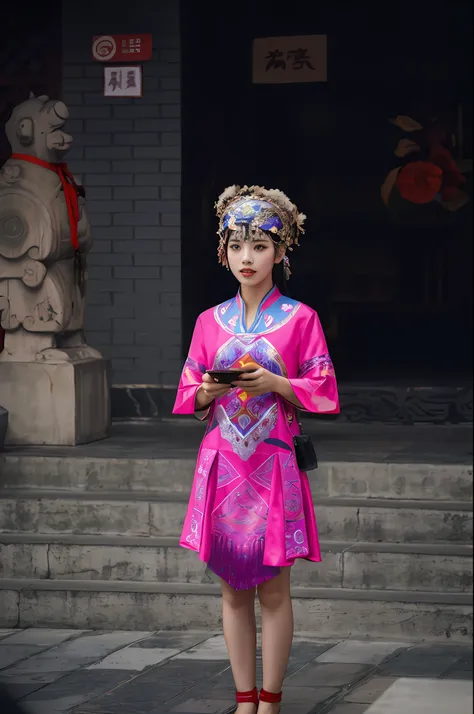 Woman in pink dress standing on the steps，Mobile phone in hand, traditional tai costume, a young female shaman, Chinese girl, she is dressed in shaman clothes, wearing an elegant tribal outfit, wearing authentic attire, Chinese woman, Chinese costume, Trad...